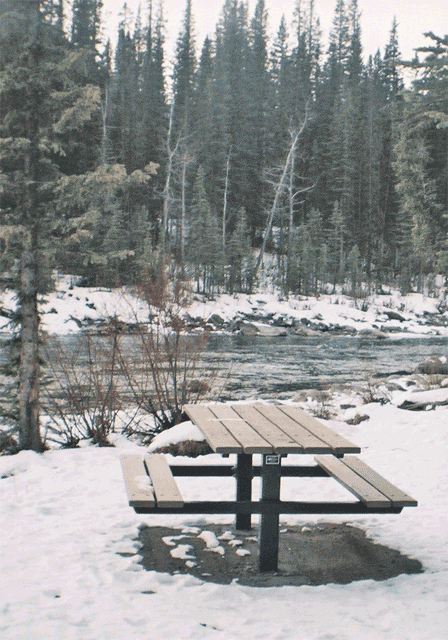 Picnic table by Elbow River in January (3D wobble gif). Elbow Falls, Alberta