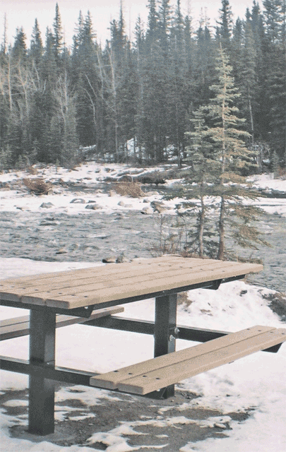Picnic table by Elbow River in January (3D wobble gif). Elbow Falls, Alberta