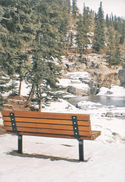 Bench by Elbow River in January (3D wobble gif). Elbow Falls, Alberta