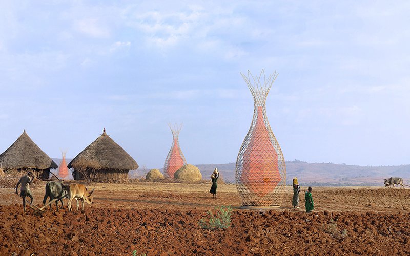 Warka Water Towers in an Africa village
