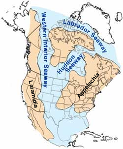 North American landmass split into three parts by seaways 100 million years ago. The seaways form a 'Y' shape. The Western Interior Seaway forms the left part of the Y and the Hudson Seaway forms the right side of the Y.