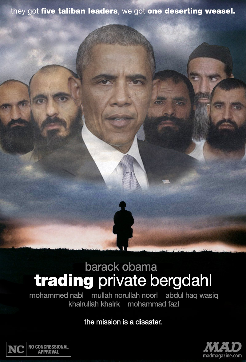 Spoof of Saving Private Ryan movie poster. Obama in foreground, with 5 Taliban terrorists behind him. Below them, a soldier is silhouetted against a sunset.