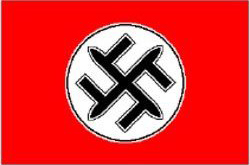 Russian National Unity Party flag, with swastika-like insignia on white circle with a red background.