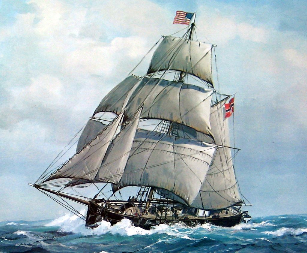 Painting of sailing sloop on sea.