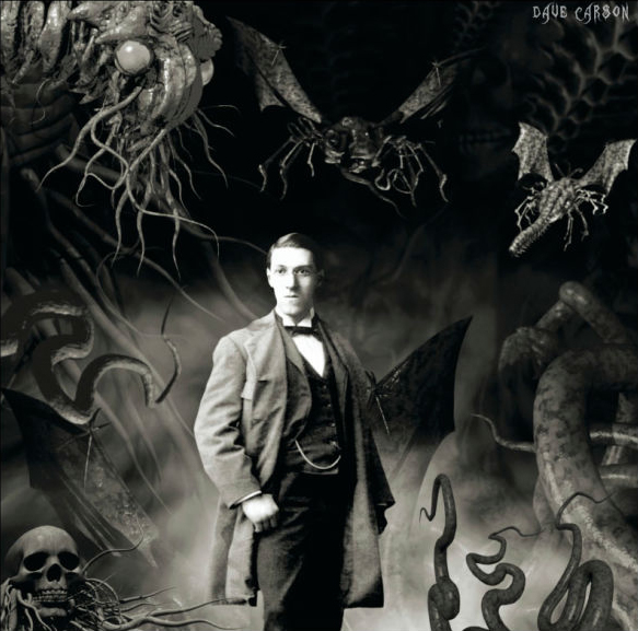 H.P. Lovecraft surrounded by various tentacled monsters.