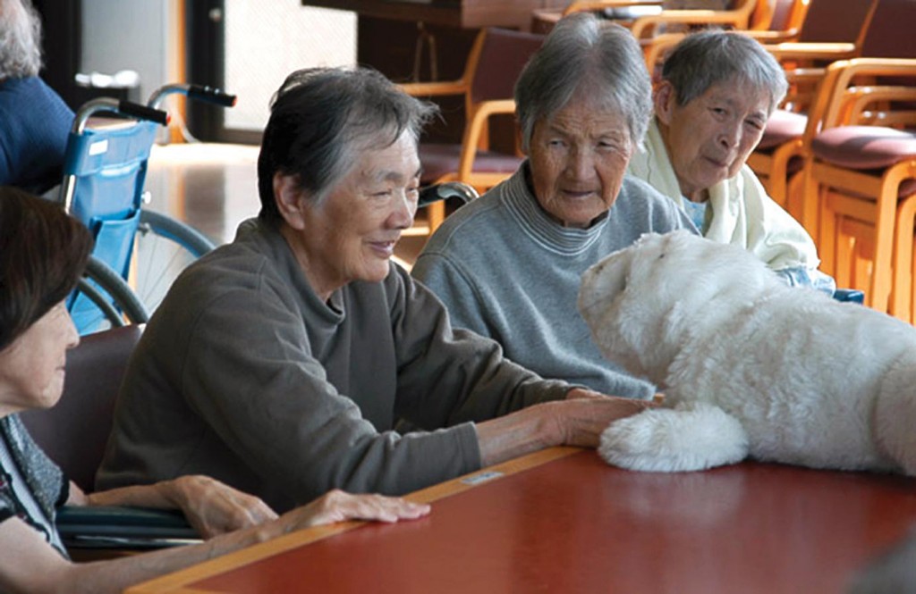 Elderly Japanese with a white, robotic baby seal