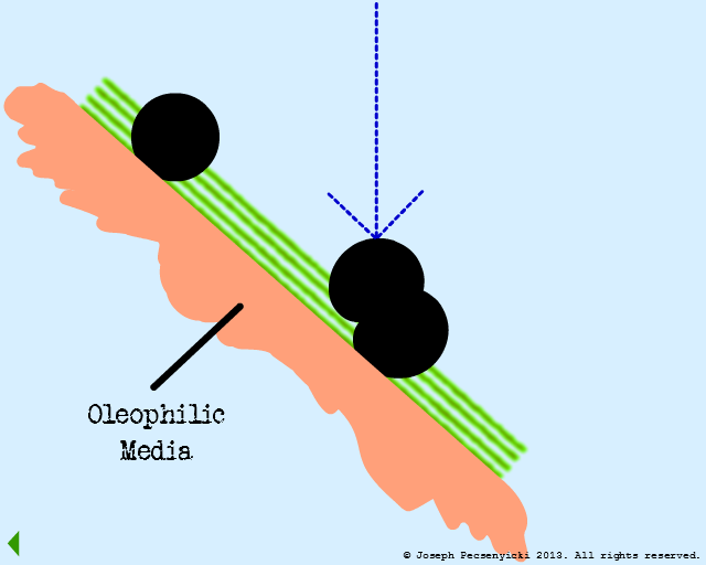 The third oil droplet begins to coalesce with the first captured droplet.