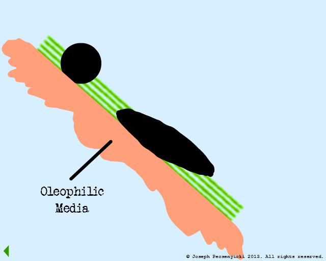 Coalesced oil droplet breaks and begins to cover the oleophilic surface.