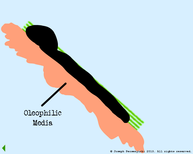 Coalesced oil droplet breaks on contact with spreading oil. All this oil starts to cover the oleophilic surface.