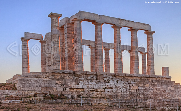 Close-up of Poseidon Temple, showing bright orange and red areas of oversaturation