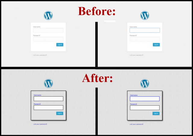 Comparison of default vs. customized WordPress login page. The customized version has textboxes which are far easier to see.